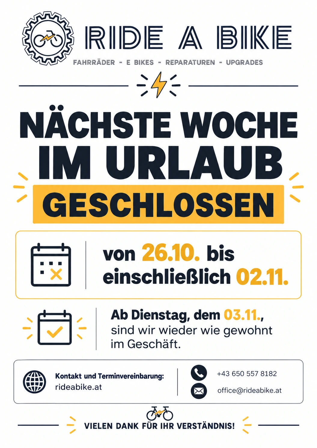 Ride a Bike: Nächste Woche im Urlaub. Geschlossen von 26.10. bis einschließlich 02.11. Wieder geöffnet ab Dienstag, 03.11.
